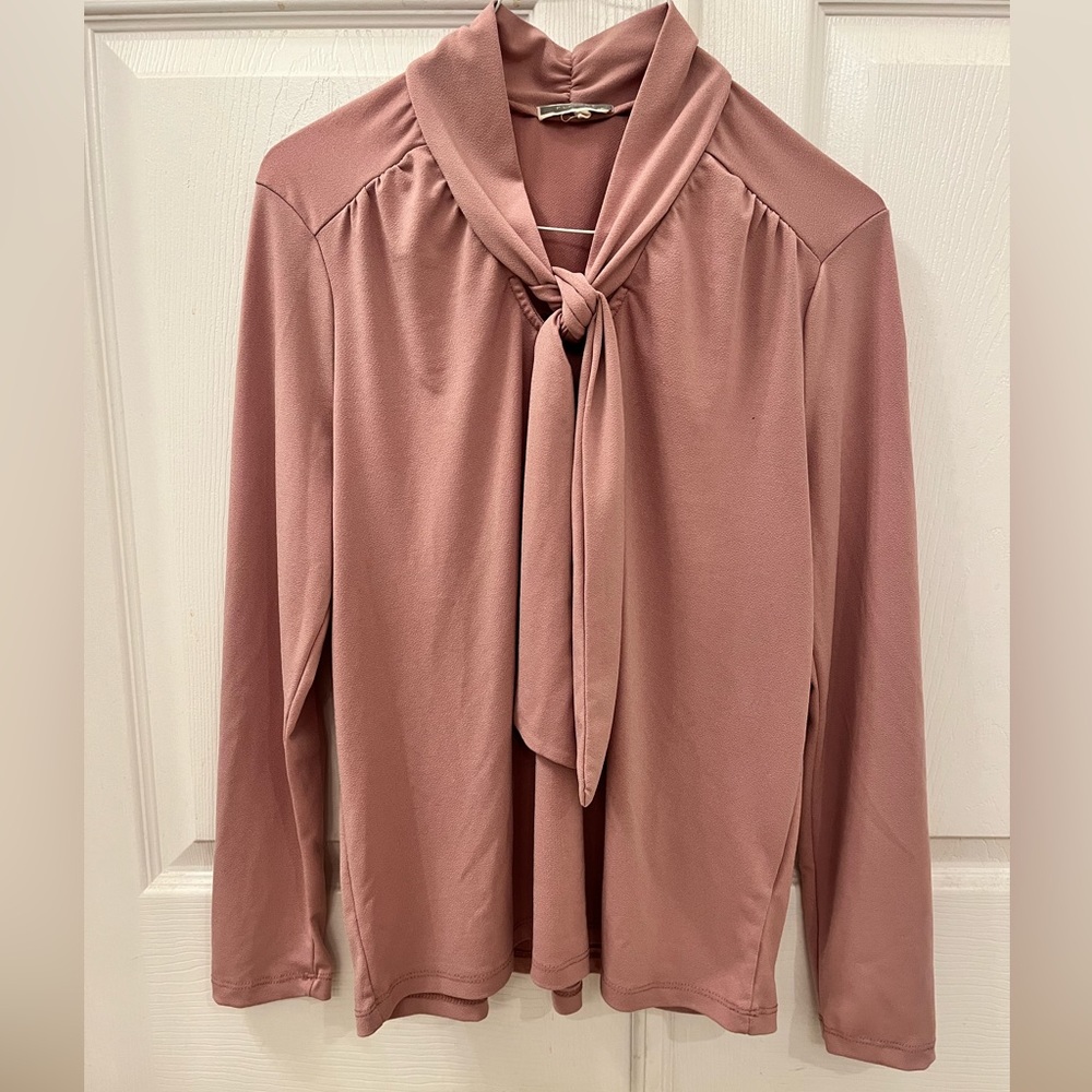 Blush Long Sleeve Bow Neck Blouse by Pleione